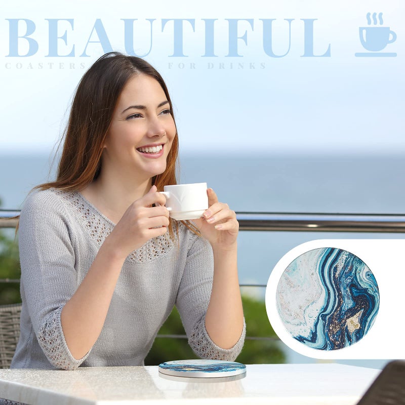 Zopeal 8 Pieces Coasters for Drinks with Holder  Marble Ocean Pattern Ceramic Absorbent Coasters with Cork Base Ocean Style Absorbent Ceramic Coasters for Table Decor Home Kitchen Decor (Stylish Style) - Image 4
