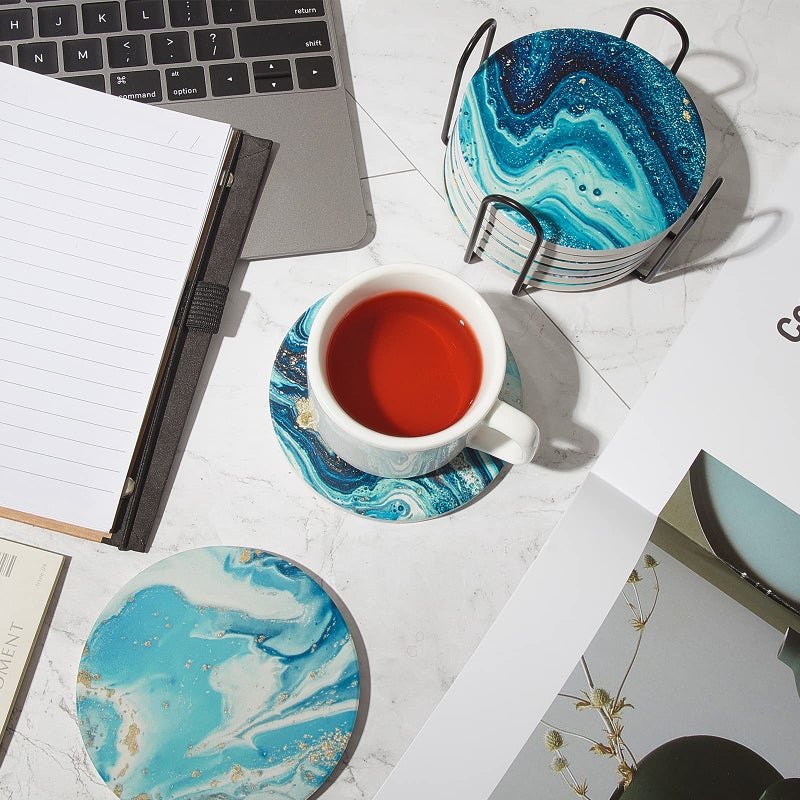 Zopeal 8 Pieces Coasters for Drinks with Holder  Marble Ocean Pattern Ceramic Absorbent Coasters with Cork Base Ocean Style Absorbent Ceramic Coasters for Table Decor Home Kitchen Decor (Stylish Style) - Image 5