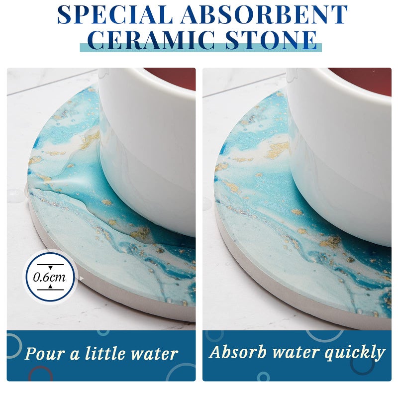 Zopeal 8 Pieces Coasters for Drinks with Holder  Marble Ocean Pattern Ceramic Absorbent Coasters with Cork Base Ocean Style Absorbent Ceramic Coasters for Table Decor Home Kitchen Decor (Stylish Style) - Image 3