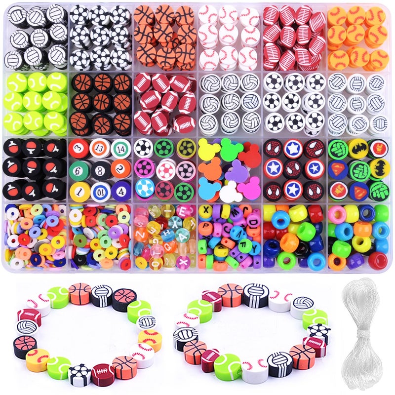 1000PCS Polymer Clay Beads Bracelet Making kit 24 Style Cute Fun Beads Sports Ball Volleyball Softball Baseball Basketball Soccer Rugby Football Charms for Jewelry Making DIY for Women Girls