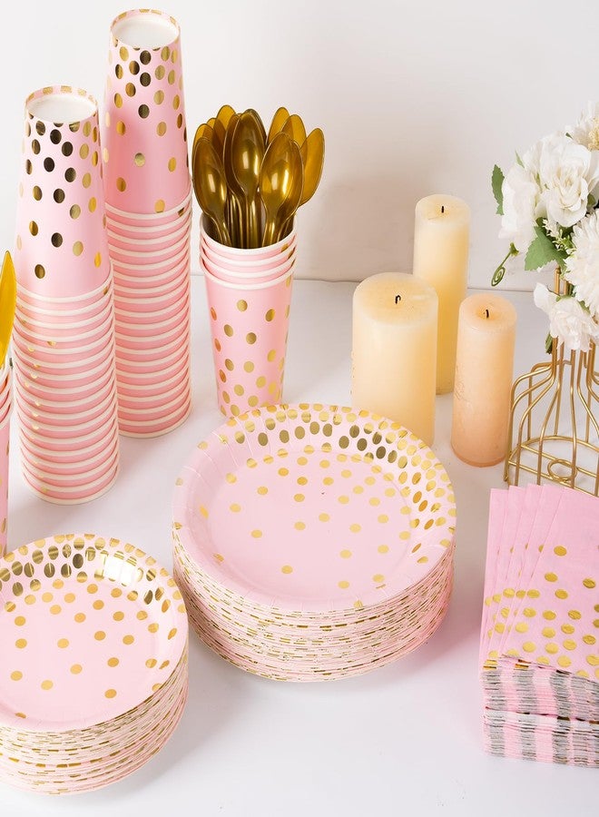 DECORLIFE 336PCS Pink and Gold Disposable Dinnerware Set Serves 48, Pink Paper Plates Napkins Cups, Gold Plastic Forks Spoons Knives for Wedding Baby Shower Princess Birthday Christmas Party Supplies - Image 5