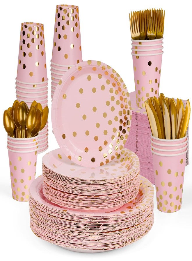 DECORLIFE 336PCS Pink and Gold Disposable Dinnerware Set Serves 48, Pink Paper Plates Napkins Cups, Gold Plastic Forks Spoons Knives for Wedding Baby Shower Princess Birthday Christmas Party Supplies - Image 1