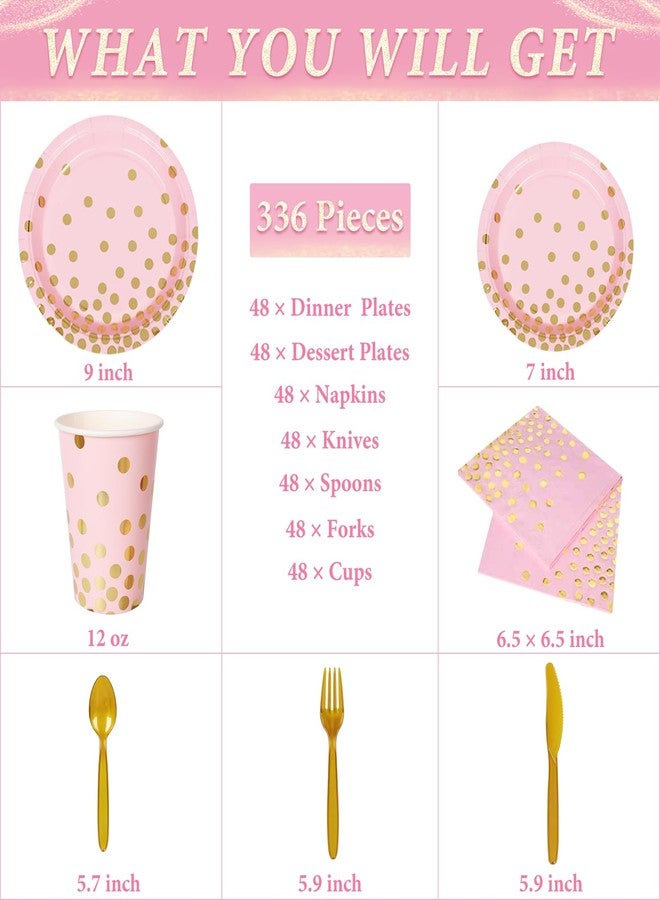 DECORLIFE 336PCS Pink and Gold Disposable Dinnerware Set Serves 48, Pink Paper Plates Napkins Cups, Gold Plastic Forks Spoons Knives for Wedding Baby Shower Princess Birthday Christmas Party Supplies - Image 2