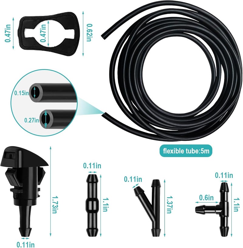 Bcautay 17 Pcs Car Windshield Washer Hose Kit, 5M Washer Fluid Hose with 12 Pcs Hose Connectors, 2 Fan Nozzles, 2 Rubber Gaskets, Black, Universal Fit - Image 2