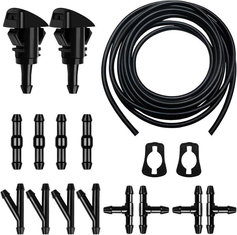 Bcautay 17 Pcs Car Windshield Washer Hose Kit, 5M Washer Fluid Hose with 12 Pcs Hose Connectors, 2 Fan Nozzles, 2 Rubber Gaskets, Black, Universal Fit - Image 1