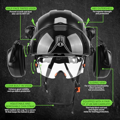 GREEN DEVIL Hard Hat Safety Helmet with Visor and Ear Muffs Men Women Vented Work Hardhat ANSI Z89.1 Cascos De Construccion for Industrial Construction Forestry - Image 3