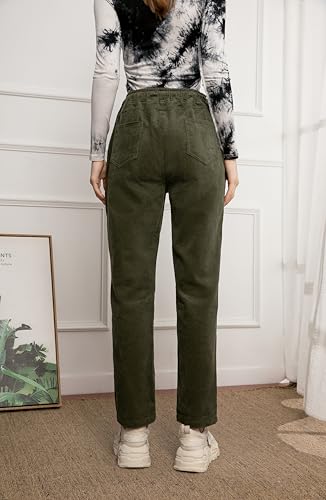 Minibee Women's Casual Corduroy Pants Comfy Pull on Elastic Waist Trousers Drawstring Cotton Pants Army Green L - Image 5
