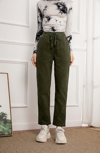 Minibee Women's Casual Corduroy Pants Comfy Pull on Elastic Waist Trousers Drawstring Cotton Pants Army Green L - Image 2