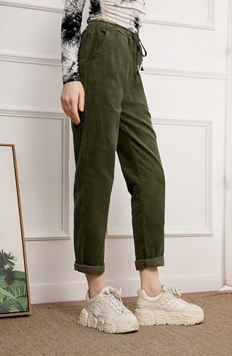 Minibee Women's Casual Corduroy Pants Comfy Pull on Elastic Waist Trousers Drawstring Cotton Pants Army Green L - Image 3