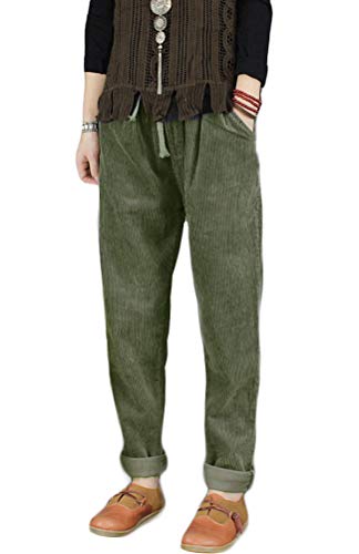 Minibee Women's Casual Corduroy Pants Comfy Pull on Elastic Waist Trousers Drawstring Cotton Pants Army Green L - Image 1