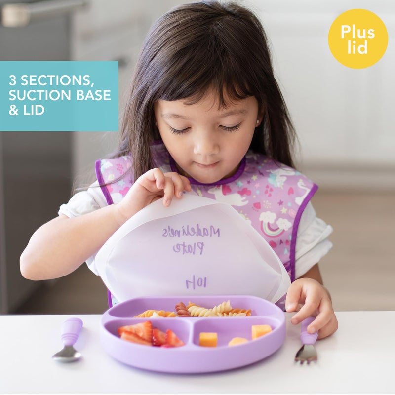 Bumkins Toddler and Baby Suction Plate, Silicone Divided Grip Dish and Lid, Babies and Kids, Baby Led Weaning, Children Feeding Supplies, Non Skid Bottom, Platinum Silicone, Ages 6 Mos Up, Lavender - Image 2