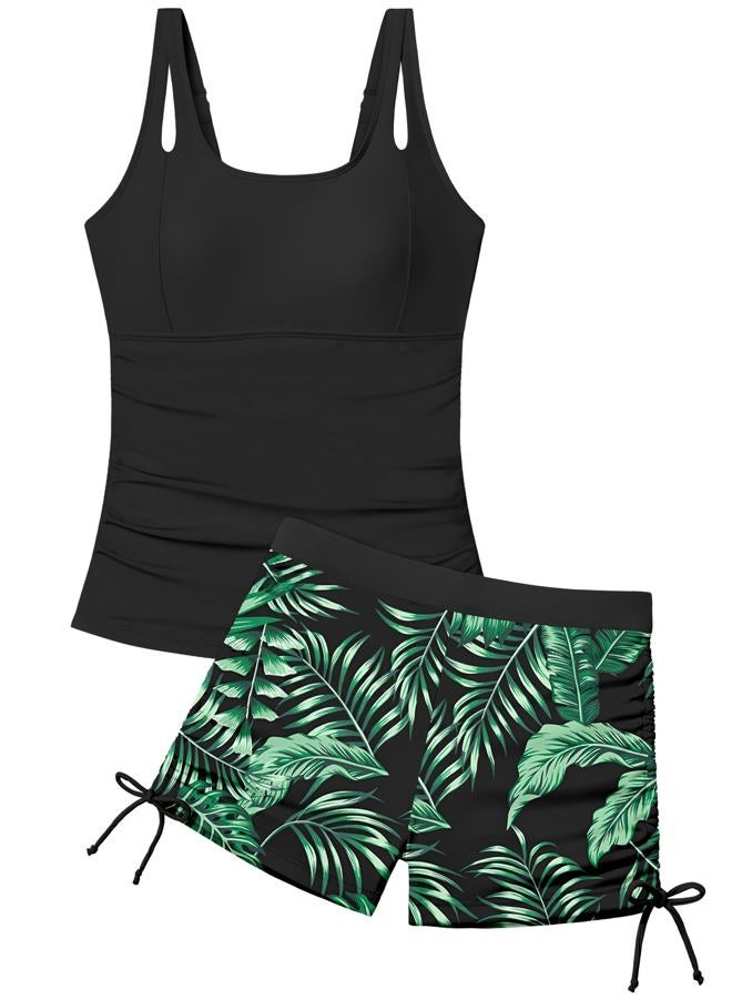 Aulyffo Girls Tankini Swimsuit 2 Piece Bathing Suits for Girls Square Collar Swim Tank Top and Drawstring Bottoms for 9-16Y, Black+green, 9-10 Years - Image 1