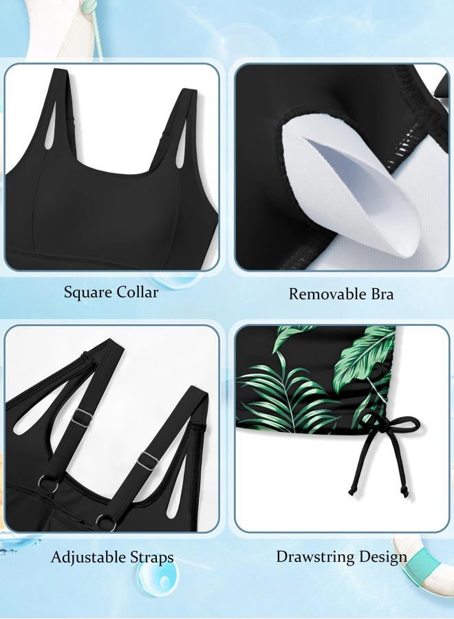 Aulyffo Girls Tankini Swimsuit 2 Piece Bathing Suits for Girls Square Collar Swim Tank Top and Drawstring Bottoms for 9-16Y, Black+green, 9-10 Years - Image 5