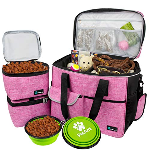 PetAmi Dog Travel Bag - Travel Pet Organizer with Food Container and Bowls, Perfect for Weekend Camping, Cat Diaper Bag (Pink, Large) - Image 1