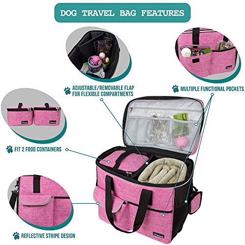 PetAmi Dog Travel Bag - Travel Pet Organizer with Food Container and Bowls, Perfect for Weekend Camping, Cat Diaper Bag (Pink, Large) - Image 4