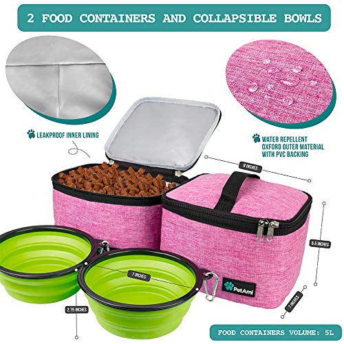 PetAmi Dog Travel Bag - Travel Pet Organizer with Food Container and Bowls, Perfect for Weekend Camping, Cat Diaper Bag (Pink, Large) - Image 3