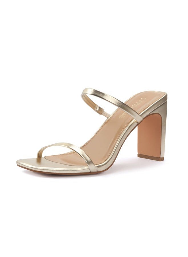 Carcuume Women's Square Toe Two Strap Open Toe Block Heels Sandals Slip On Shoes, Gold Pu, 9 - Image 1