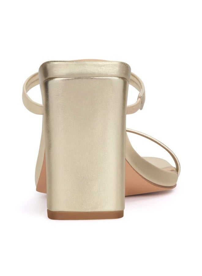 Carcuume Women's Square Toe Two Strap Open Toe Block Heels Sandals Slip On Shoes, Gold Pu, 9 - Image 5
