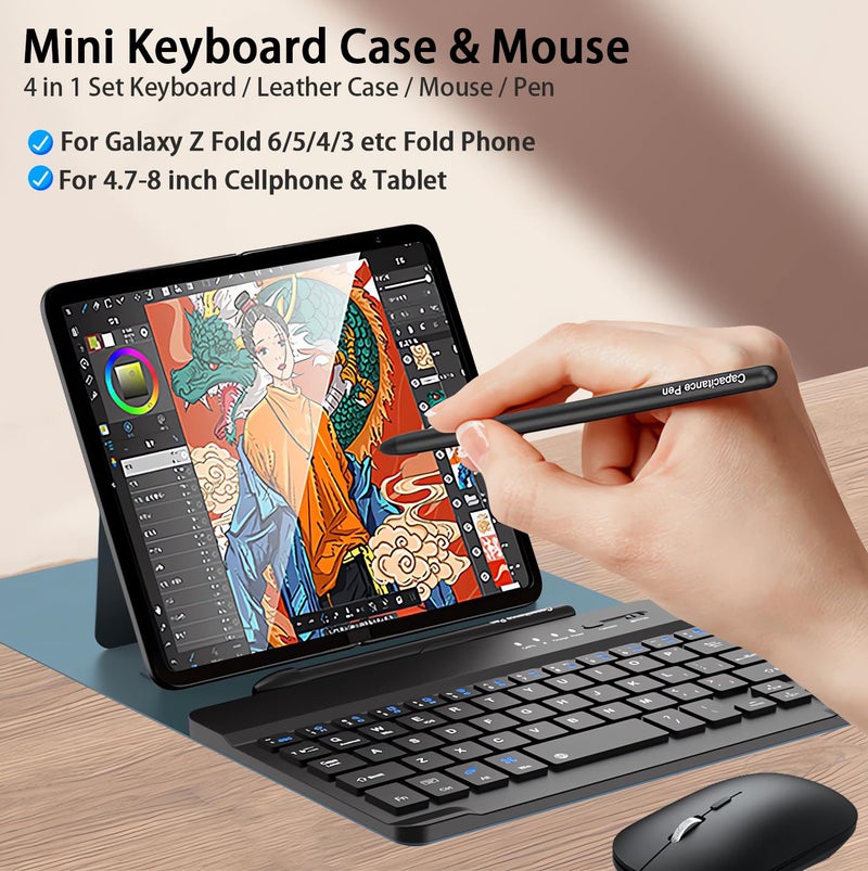 voppton for Samsung Galaxy Z Fold 7 6 5 Keyboard and Mouse, Portable Mini 7.9 inch Bluetooth Keyboard with Leather Case and Capacitive Pen, 4 in 1 Set for Z Trifold Fold7 Accessories,Green - Image 2