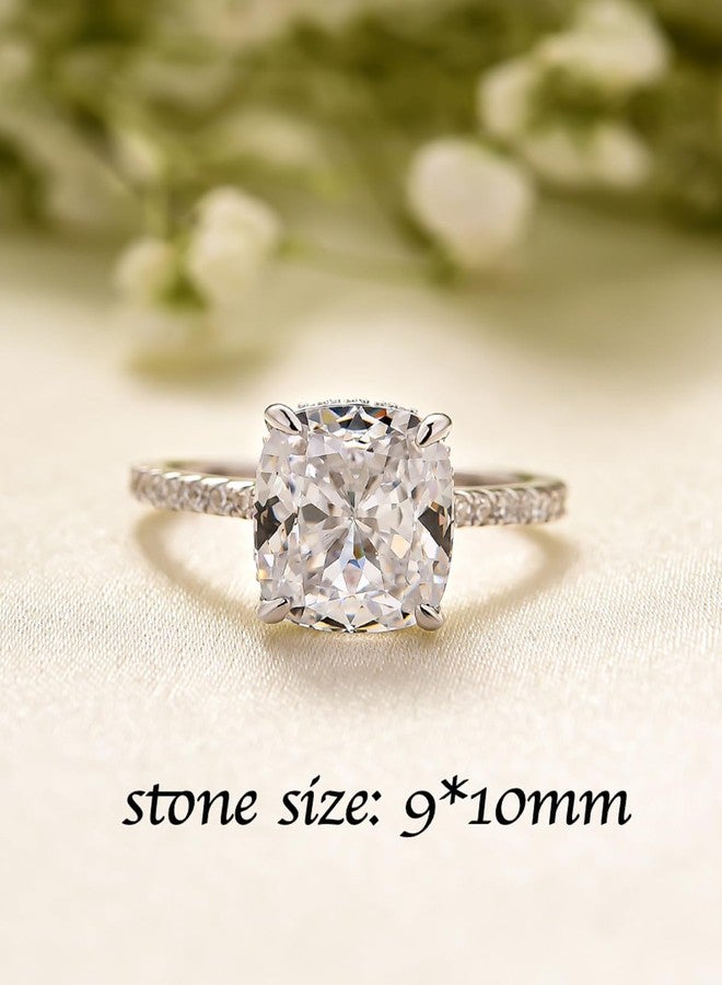 RODIFFY 4CT Cushion Cut Engagement Ring for Women, S925 Silver Clear/Yellow Stone Promise Ring with Hidden Halo (Silver, 4.5) - Image 2