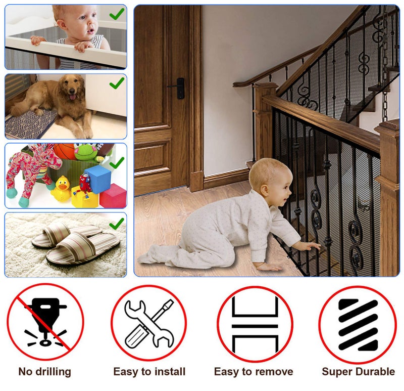JIFTOK Baby Gate for Stairs, Banister Guard for Kids, Pets, Toys, 18 ft L x 2.66 ft H, Mesh Netting Safety Net for Balcony Rail Stair, Stairway Net Baby Safety Products for Indoor & Outdoor (Black) - Image 4