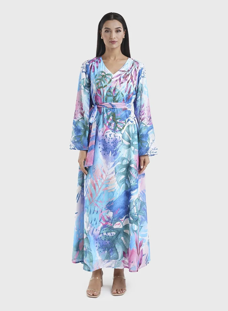 KASHKHA Blue Georgette Tropical Print Long Dress (VDU815)