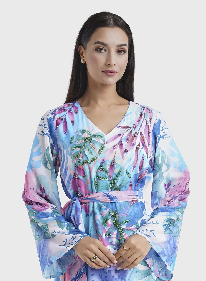 KASHKHA Blue Georgette Tropical Print Long Dress (VDU815)