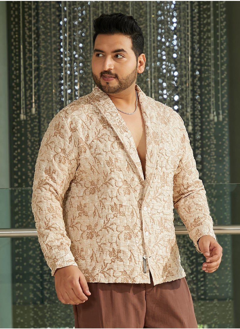Instafab Plus Instafab Plus Men's Sand Beige Crushed Shawl Collar Relaxed Shirt For Casual Wear | Shawl Collar | Long Cuffed Sleeves | Button Closure | Plus Size Shirt Crafted With Comfort Fit For Everyday Wear  - Image 3