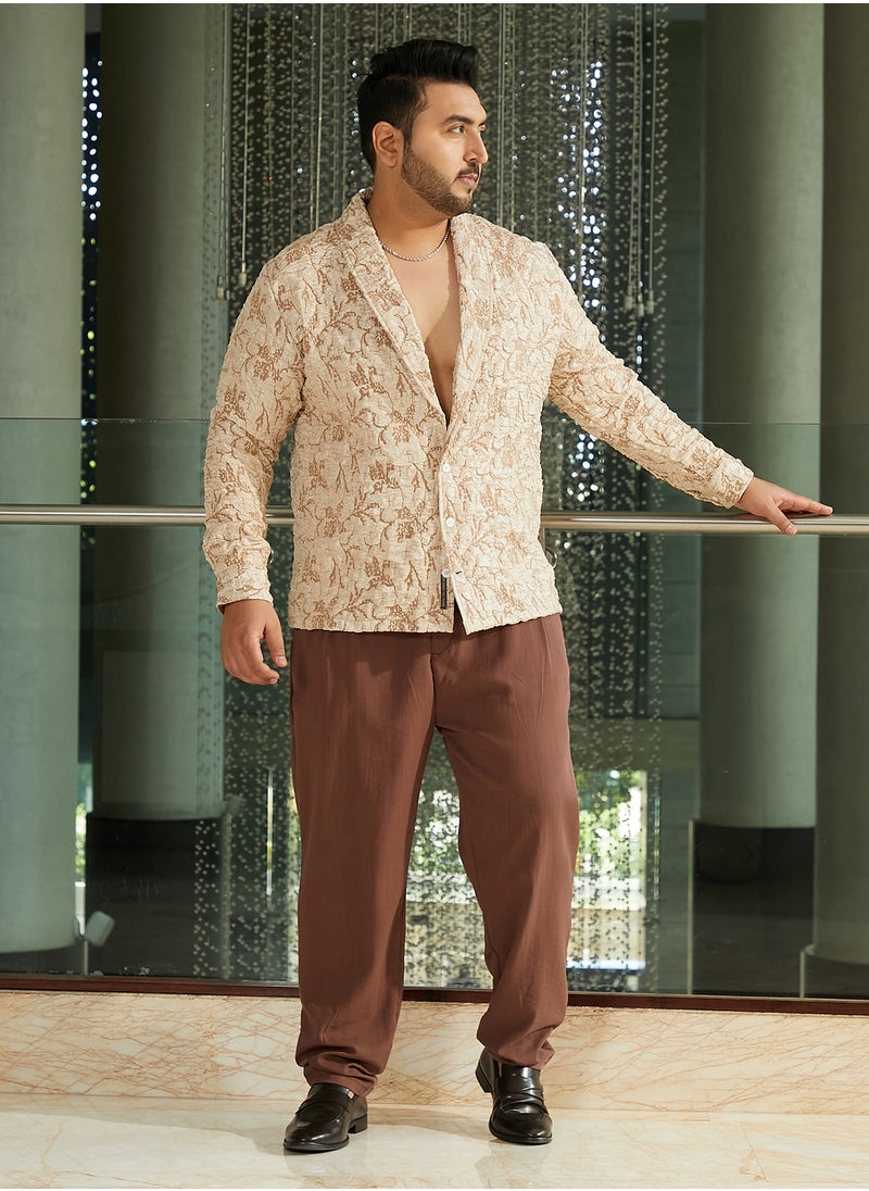 Instafab Plus Instafab Plus Men's Sand Beige Crushed Shawl Collar Relaxed Shirt For Casual Wear | Shawl Collar | Long Cuffed Sleeves | Button Closure | Plus Size Shirt Crafted With Comfort Fit For Everyday Wear  - Image 5