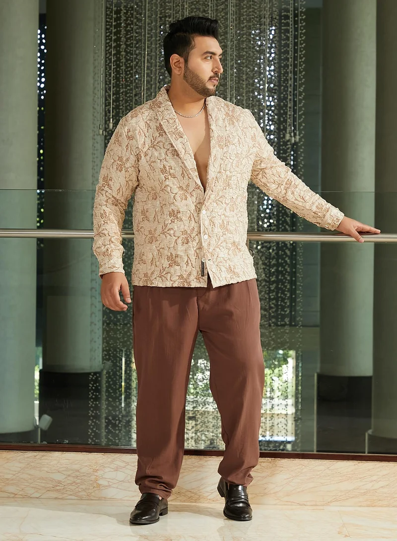Instafab Plus Instafab Plus Men's Sand Beige Crushed Shawl Collar Relaxed Shirt For Casual Wear | Shawl Collar | Long Cuffed Sleeves | Button Closure | Plus Size Shirt Crafted With Comfort Fit For Everyday Wear