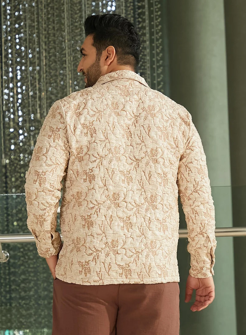 Instafab Plus Instafab Plus Men's Sand Beige Crushed Shawl Collar Relaxed Shirt For Casual Wear | Shawl Collar | Long Cuffed Sleeves | Button Closure | Plus Size Shirt Crafted With Comfort Fit For Everyday Wear