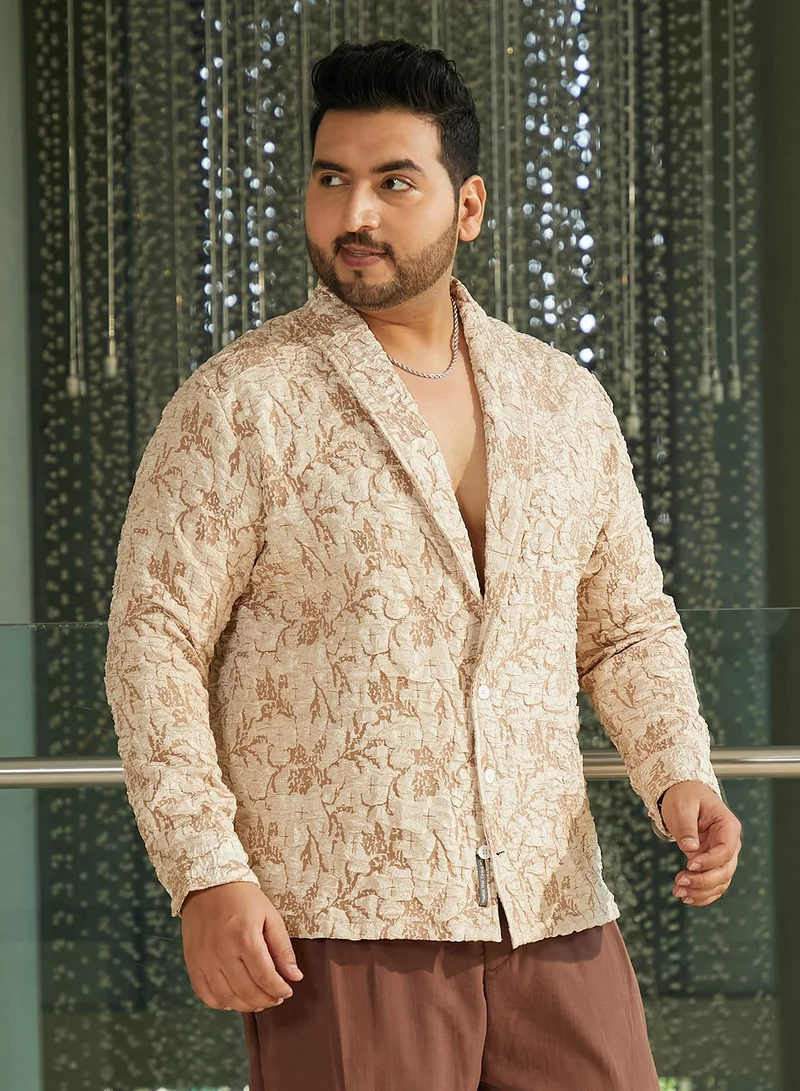 Instafab Plus Instafab Plus Men's Sand Beige Crushed Shawl Collar Relaxed Shirt For Casual Wear | Shawl Collar | Long Cuffed Sleeves | Button Closure | Plus Size Shirt Crafted With Comfort Fit For Everyday Wear