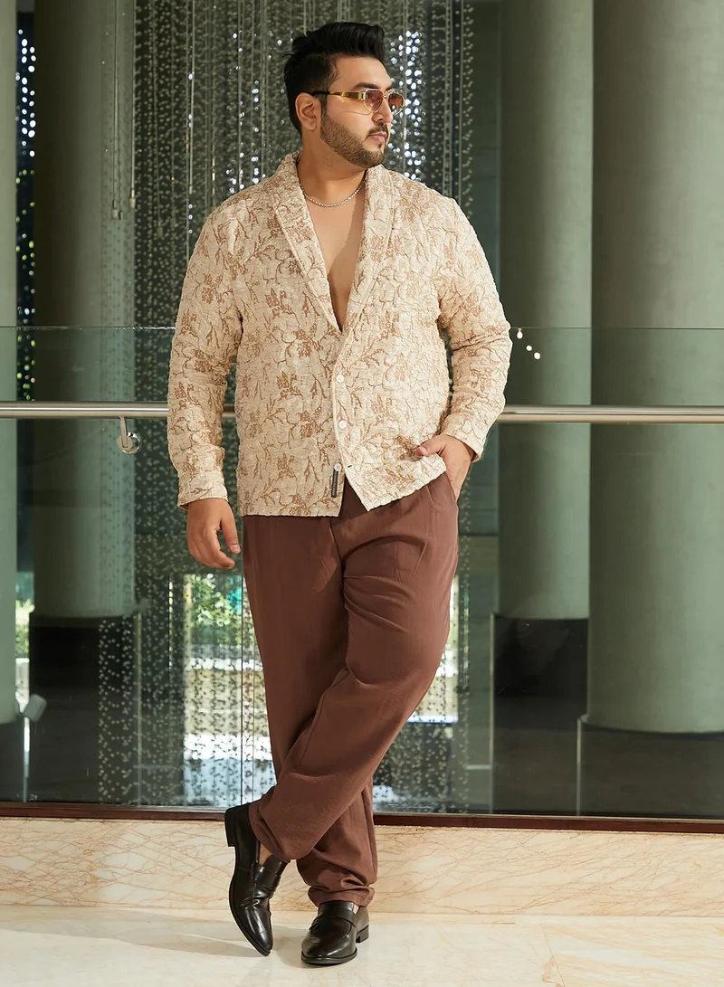 Instafab Plus Instafab Plus Men's Sand Beige Crushed Shawl Collar Relaxed Shirt For Casual Wear | Shawl Collar | Long Cuffed Sleeves | Button Closure | Plus Size Shirt Crafted With Comfort Fit For Everyday Wear