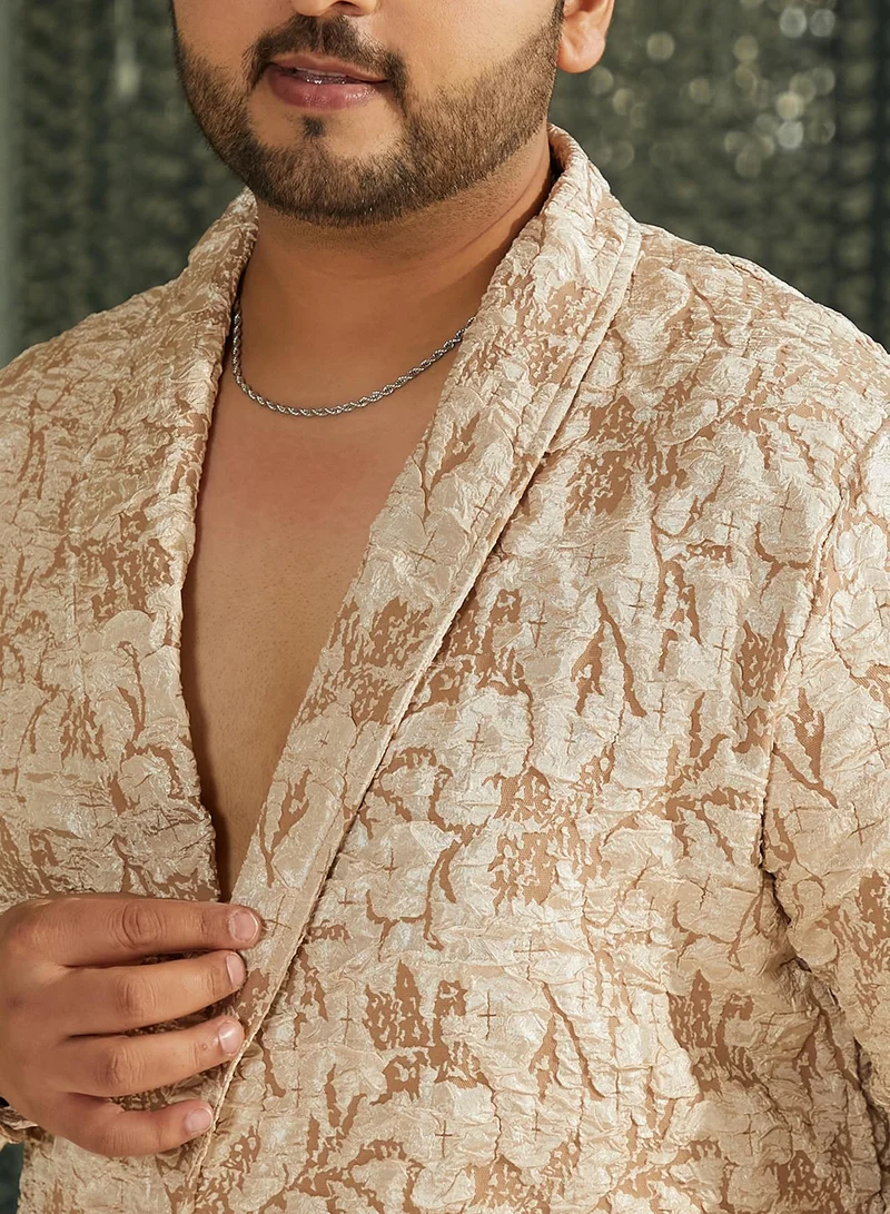 Instafab Plus Instafab Plus Men's Sand Beige Crushed Shawl Collar Relaxed Shirt For Casual Wear | Shawl Collar | Long Cuffed Sleeves | Button Closure | Plus Size Shirt Crafted With Comfort Fit For Everyday Wear