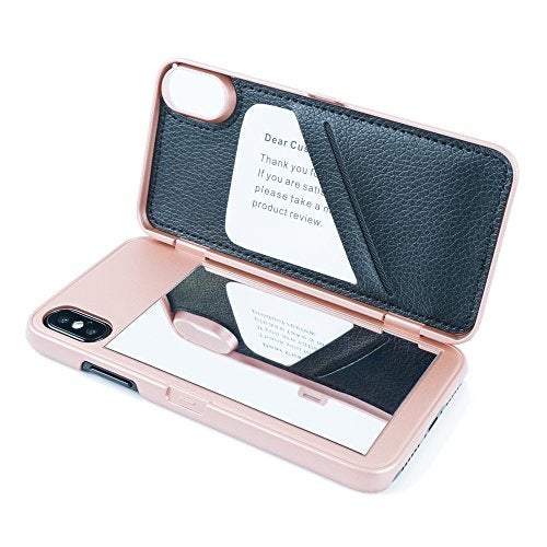 W7ETBEN for iPhone Xs Case,Wallet Case with Kickstand Built-in Mirror Shockproof Card Holder Cover for Apple iPhone X/XS - Rose Gold - Image 3