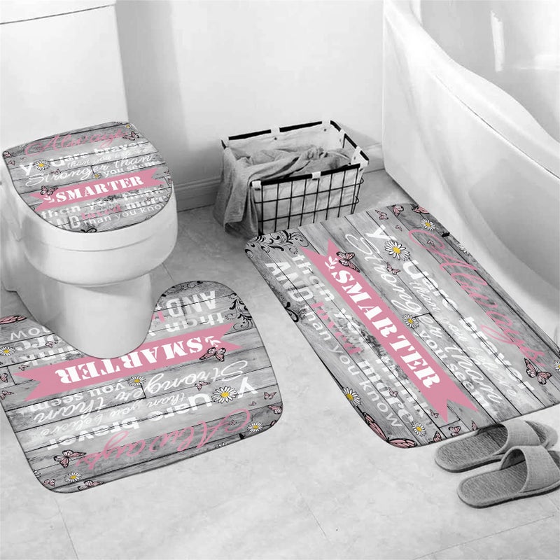 AZHM 4pcs Inspirational Quotes Shower Curtain Sets with Rugs Floral Bathroom Decor Set with Shower Curtain and Rugs and Accessories Flower Bathroom Curtain with 12 Hooks - Image 5