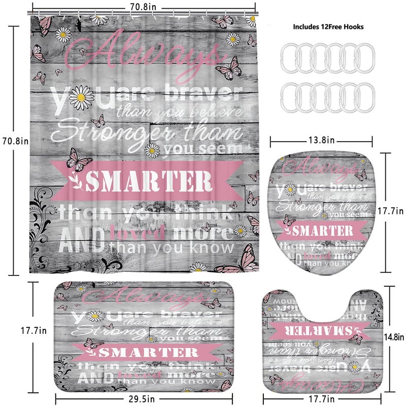 AZHM 4pcs Inspirational Quotes Shower Curtain Sets with Rugs Floral Bathroom Decor Set with Shower Curtain and Rugs and Accessories Flower Bathroom Curtain with 12 Hooks - Image 2