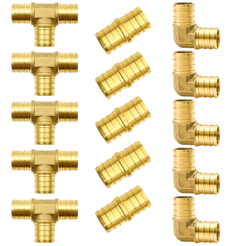 Ruby Q 15pcs 3/4" PEX Fittings, Elbow TEE Straight Couplings Set, PEX Brass Crimp Fitting Combo with Tees, Elbows, Straights - Image 1