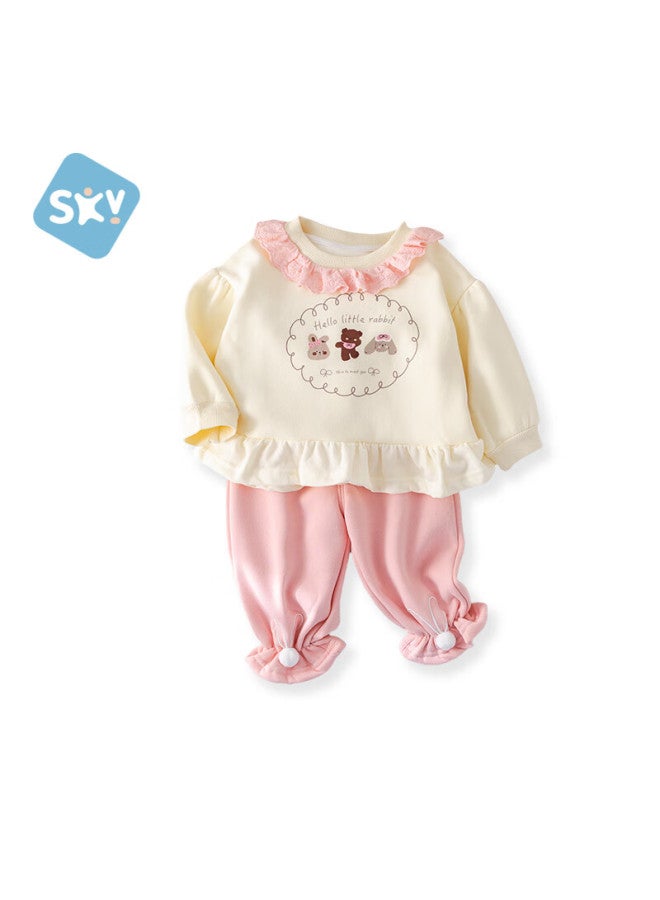 Shubeiyi Girls' New Year Outfit Set, Baby Clothes, Little Rabbit Lace Trim Stylish Sweatshirt, Children's Two-piece Set, Pink, Size 130