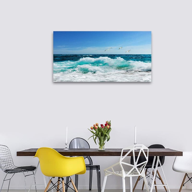 tigeridge Sea Beach Canvas Wall Art for Living Room Wall Decor Ocean Waves Canvas Pictures Blue Surfing Water Seagull Canvas Prints Artwork Office Home Wall Decorations Framed Ready to Hang 20" x 40" - Image 3