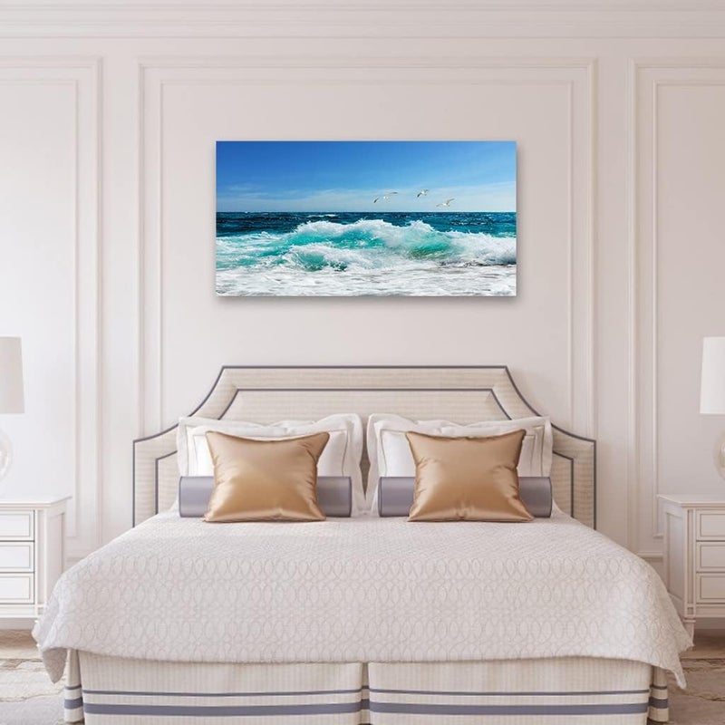 tigeridge Sea Beach Canvas Wall Art for Living Room Wall Decor Ocean Waves Canvas Pictures Blue Surfing Water Seagull Canvas Prints Artwork Office Home Wall Decorations Framed Ready to Hang 20" x 40" - Image 4