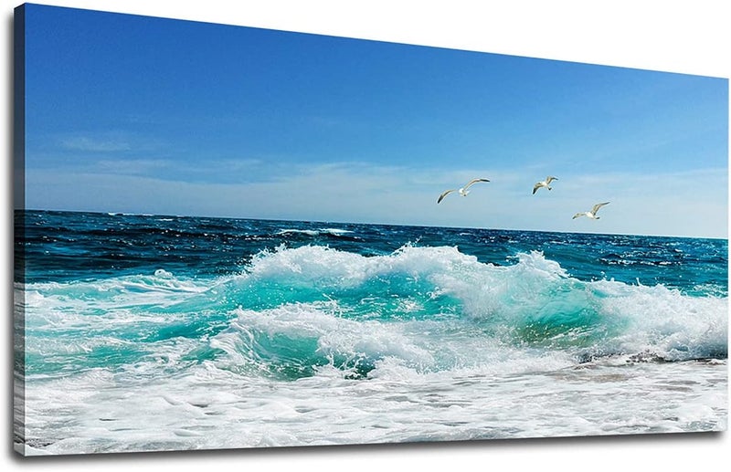 tigeridge Sea Beach Canvas Wall Art for Living Room Wall Decor Ocean Waves Canvas Pictures Blue Surfing Water Seagull Canvas Prints Artwork Office Home Wall Decorations Framed Ready to Hang 20" x 40" - Image 1