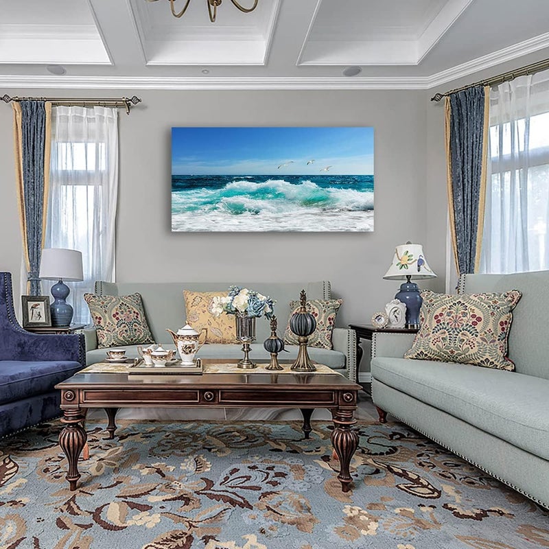 tigeridge Sea Beach Canvas Wall Art for Living Room Wall Decor Ocean Waves Canvas Pictures Blue Surfing Water Seagull Canvas Prints Artwork Office Home Wall Decorations Framed Ready to Hang 20" x 40" - Image 2