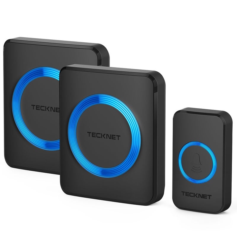 TECKNET Wireless Doorbell, Doorbell IP65 Waterproof Twin Wall Plug-in Cordless Door Chime Kit with 400m Range, 60 Chimes, 120dB Lound 5-Level Volume & Blue Light, Plug in Door Entry Bell - Image 1