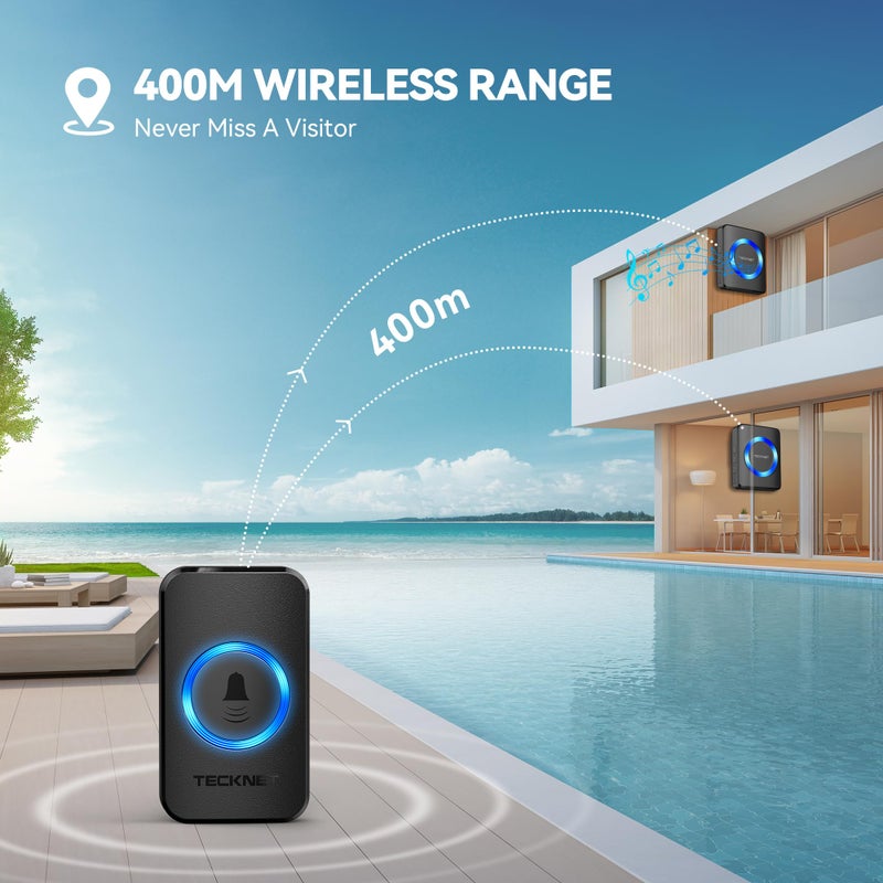 TECKNET Wireless Doorbell, Doorbell IP65 Waterproof Twin Wall Plug-in Cordless Door Chime Kit with 400m Range, 60 Chimes, 120dB Lound 5-Level Volume & Blue Light, Plug in Door Entry Bell - Image 2
