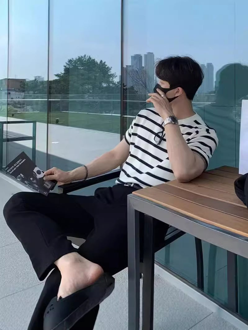 Hong Kong Style Summer Ins Short-Sleeved T-Shirt Men'S Loose Fashionable Handsome All-Match Striped Half-Sleeve Top - Image 2