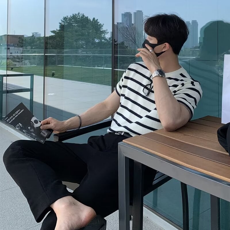 Hong Kong Style Summer Ins Short-Sleeved T-Shirt Men'S Loose Fashionable Handsome All-Match Striped Half-Sleeve Top - Image 1