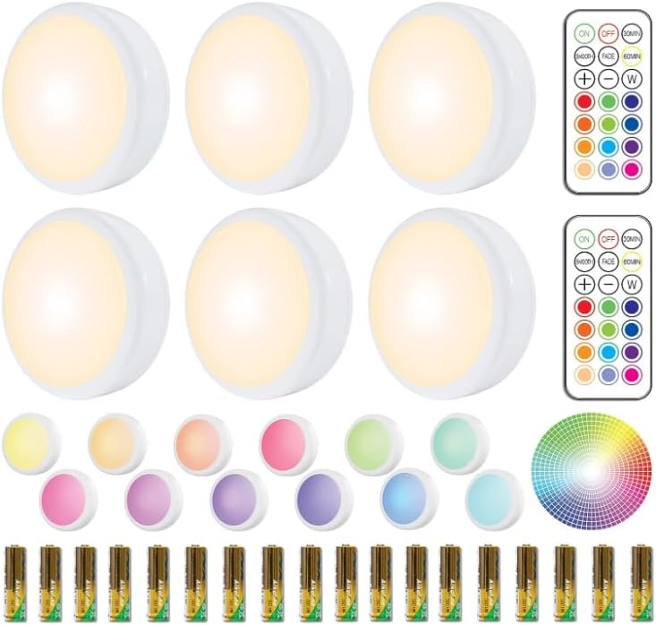 HELPLEX LED Puck Lights with Remote, 6 Pack Color Changing RGBW, Battery Powered Under Cabinet Lighting, Dimmable with Timer & Memory, Stick-On Wireless Light with 18 AA Batteries Included - Image 1