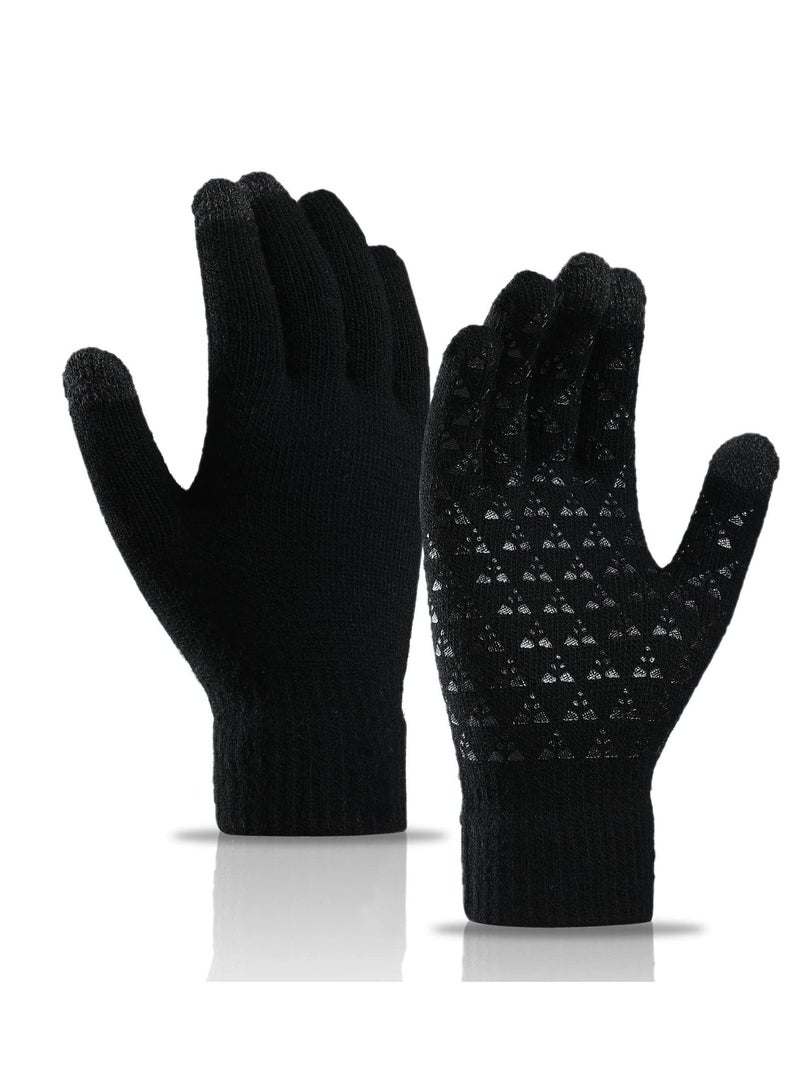 2 Pairs of Winter Knit Gloves, Warm Full Fingers Men Women with Upgraded Touch Screen - Anti-Slip Glove Fleece Lined for Winter Outdoor sports for Winter Outdoor sports, 21x11CM/Black