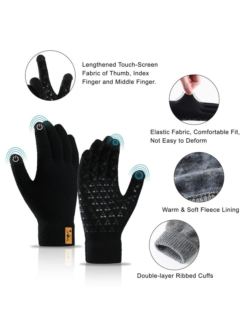 2 Pairs of Winter Knit Gloves, Warm Full Fingers Men Women with Upgraded Touch Screen - Anti-Slip Glove Fleece Lined for Winter Outdoor sports for Winter Outdoor sports, 21x11CM/Black